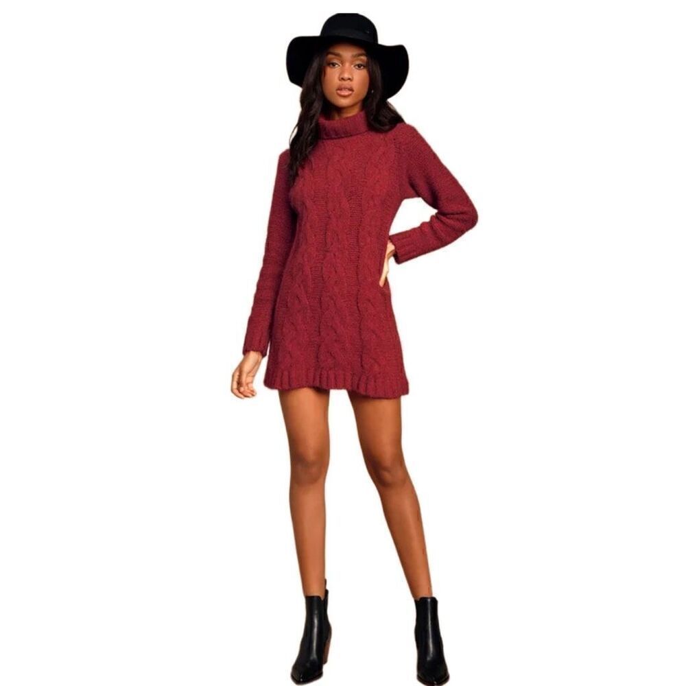 New! Lulus Joyous Burgundy Cable Knit Turtleneck Sweater Dress Sz M